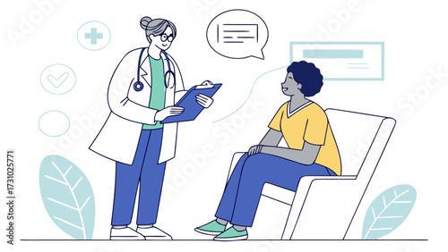A doctor in a lab coat is consulting with a patient who is sitting in a chair in a medical office setting created with generated ai