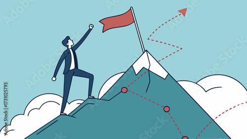 A man in a suit celebrates reaching the summit of a mountain with a flag in a cartoon style image created with generated ai