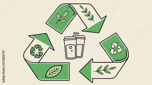 Recycling symbol with leaves and coffee cups representing eco friendly sustainable practices in green and white created with generated ai