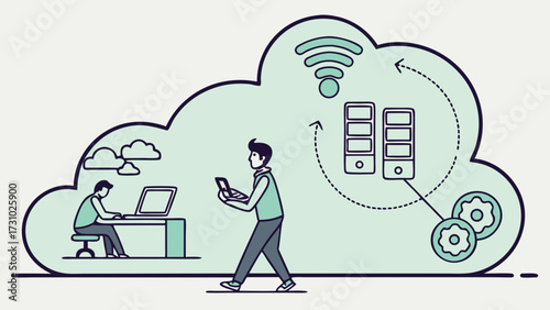 Illustration showing cloud computing with people using laptops and server connections in a cloud shape created with generated ai