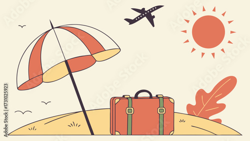Illustration of a beach scene with a suitcase, umbrella, airplane, and sun on a light background created with generated ai