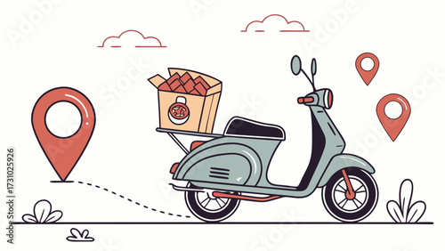 Illustration of a delivery scooter with a box and location pins against a white background design art created with generated ai