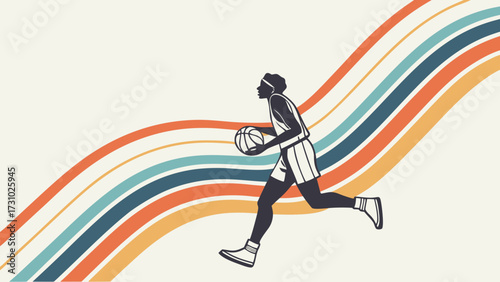 Silhouette of a basketball player dribbling the ball with retro stripes in the background design created with generated ai