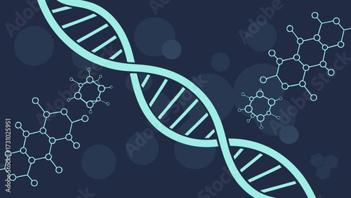 Illustration of a dna double helix with molecular structures on a dark blue gradient background design created with generated ai
