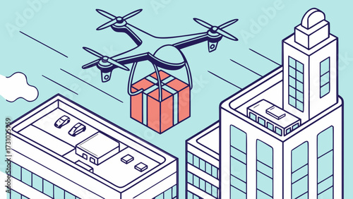 Drone delivering a package over city buildings with a light blue sky and cloud illustration style created with generated ai