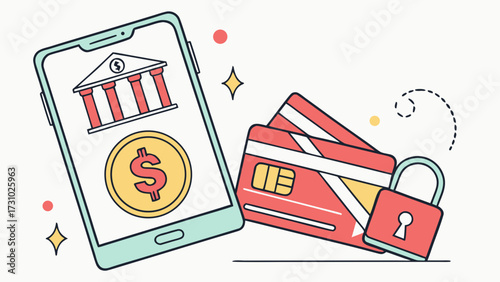 Illustration of a mobile phone displaying a bank icon with cards and a padlock nearby created with generated ai