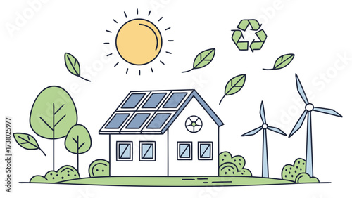 Illustration of an eco friendly house with solar panels wind turbines and recycle symbol in nature scene created with generated ai