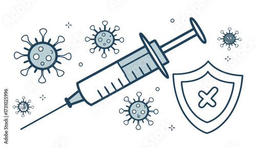 Illustration of a syringe with vaccine near viruses and a shield representing protection and immunity created with generated ai