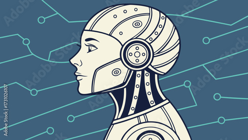 Illustration of a humanoid robot with circuit board background in shades of blue and beige color palette created with generated ai