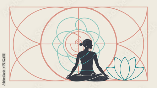 Silhouette of woman meditating in lotus position with geometric and floral elements on a beige background created with generated ai