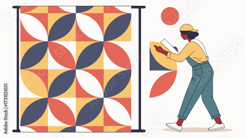 Woman in overalls holding a geometric patterned tile next to a matching patterned backdrop display created with generated ai