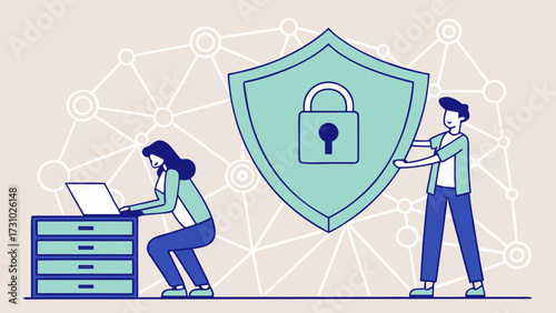 Illustration showing a woman working at a laptop and a man holding a security shield with padlock created with generated ai