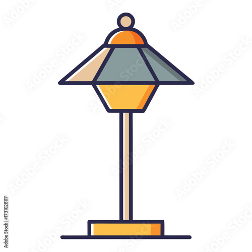 An illustrated table lamp stands isolated, embodying a modern design aesthetic with geometric shapes and a warm, inviting glow. Generative AI