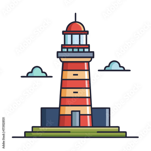 An illustrated lighthouse with stripes and clouds, standing tall on a coast, with the structure showing a beacon of guidance and protection, symbolizing safety and hope. Generative AI
