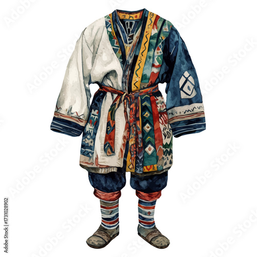 Mongolian Traditional Attire, watercolor drawing vector, isolated on a white background.