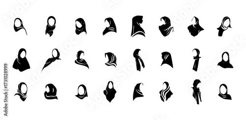 Hijab silhouette icons and moslem women headscarf designs. black sketch islamic fashion.