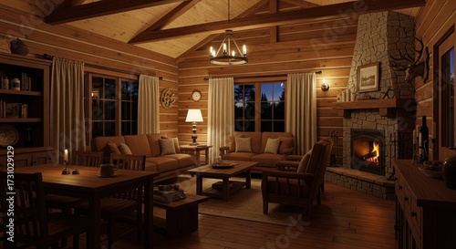 Cozy log cabin living room at night.  Rustic, warm interior with wood accents, fireplace, and comfortable seating