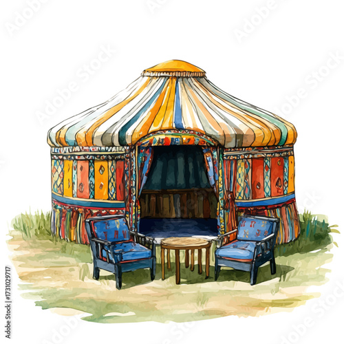 Mongolian Nomadic Games, watercolor painting vector, isolated on a white background.