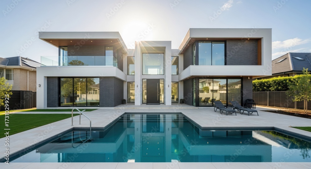 Fototapeta premium Modern luxury home with pool. Exterior view of a contemporary residence featuring a large, rectangular swimming pool and stylish landscaping.