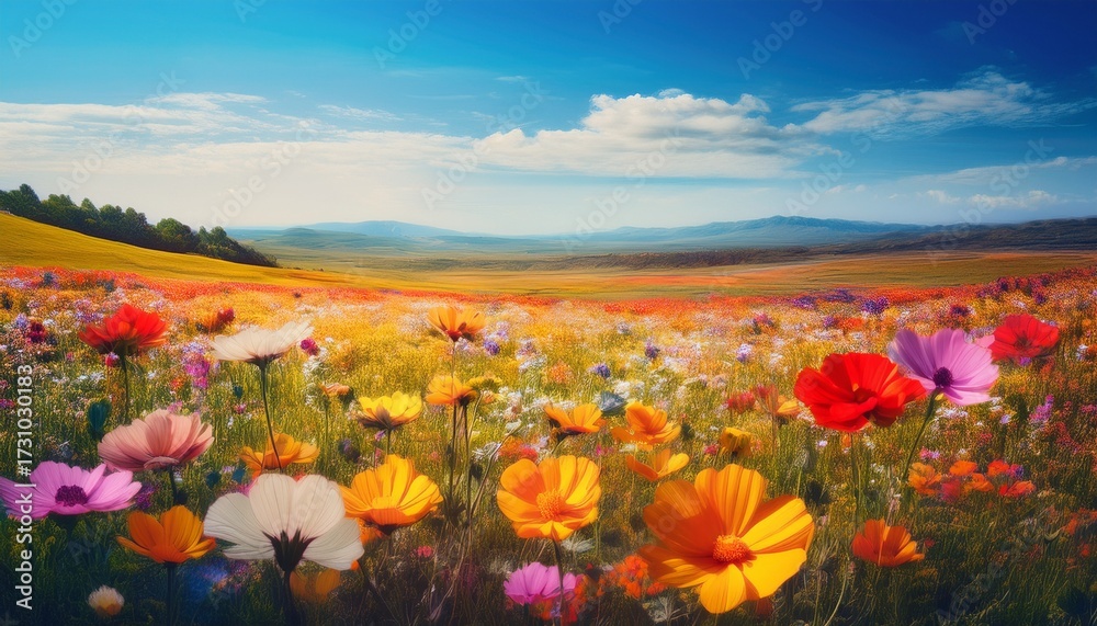 Fototapeta premium Vibrant Summer Landscape Filled With Colorful Flowers In Minimalist Art Style