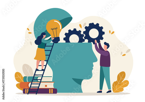 Upskilling and reskilling concept. Man and woman put light bulb idea and gear skill into human head. Metaphor for personal development, career growth, knowledge, and education.