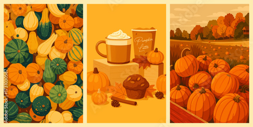 Autumn season background with pumpkins, gourds, muffin, baked goods and pumpkin spice latte. Cozy fall, Harvest season, Seasonal concept, countryside rustic scenery, coffee, Fall season wallpaper.