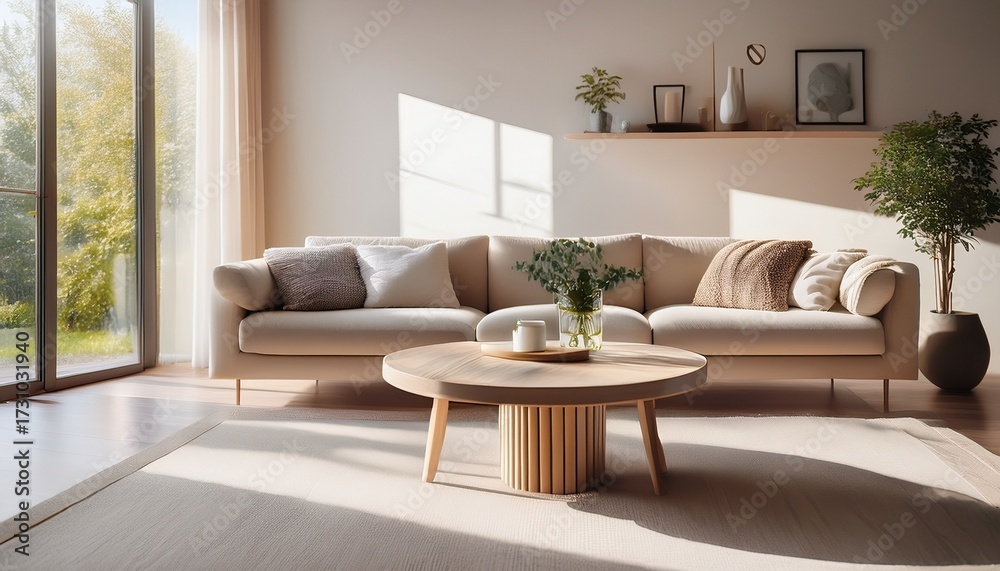Fototapeta premium modern living room design with a cozy sofa and stylish coffee table in bright natural light