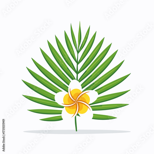 Isolated Tropical Floral Arrangement With White Flower and Green Palm Leaf Against White Background