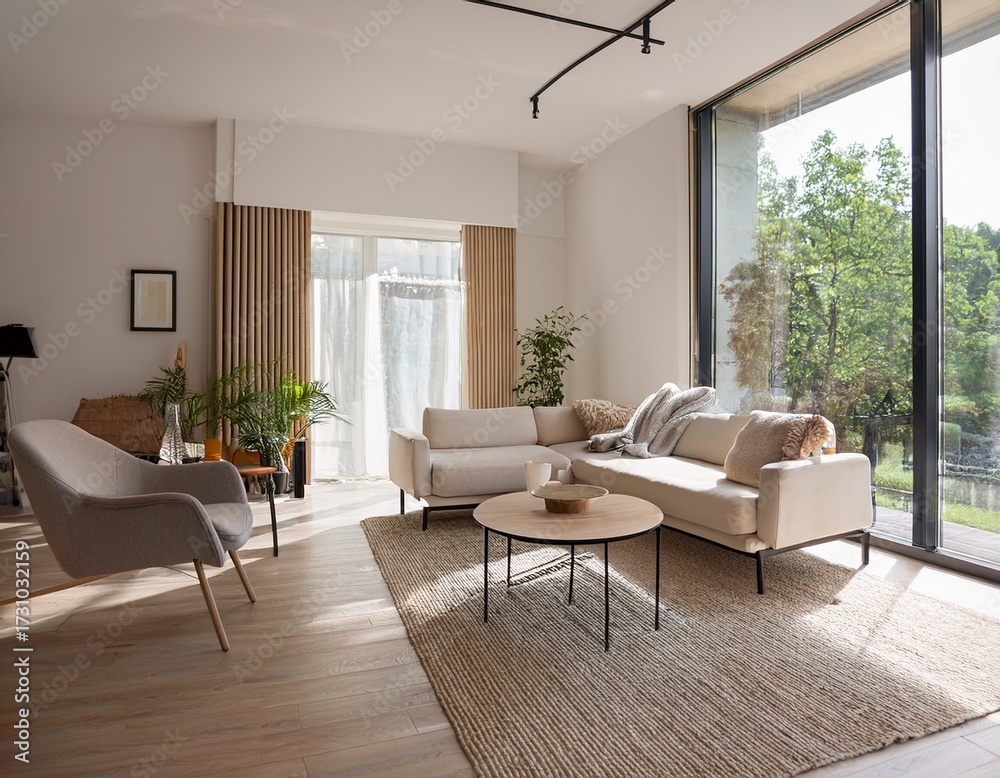 Fototapeta premium modern living room design with natural light and minimalist furniture