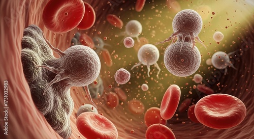 Malignant tumor cells propagating within a vibrant human circulatory system, surrounded by healthy red corpuscles and white leukocytes, depicting oncology pathology.