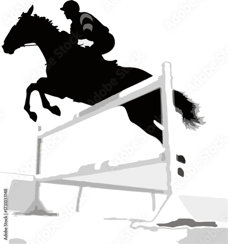 horse racing athlete jumping over the barrier with his horse