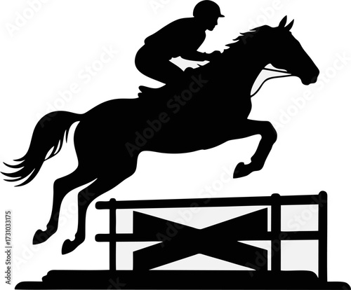 horse racing athlete jumping over the barrier with his horse