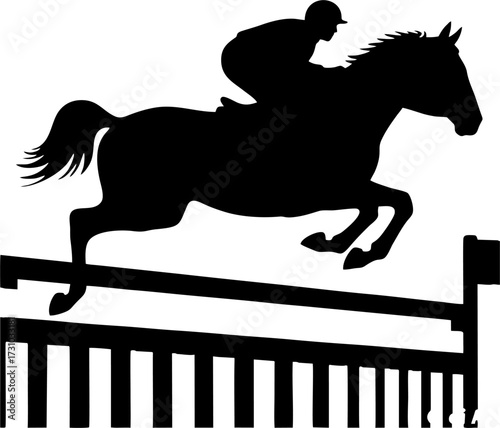 horse racing athlete jumping over the barrier with his horse