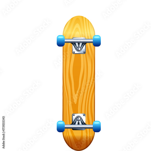 Wooden skateboard with blue wheels and trucks, isolated on white background, showcasing a clean, minimalist design