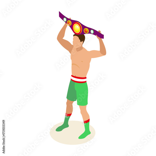 Boxing Champion Holding Championship Belt High in Celebration of Victory