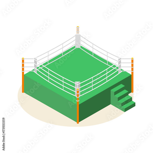 Isometric Boxing Ring with Green Mat and White Ropes, Ready for a Match or Competition