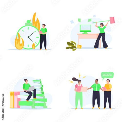 Diverse depictions of workplace stress and burnout, featuring individuals overwhelmed and facing deadlines with urgency and intensity