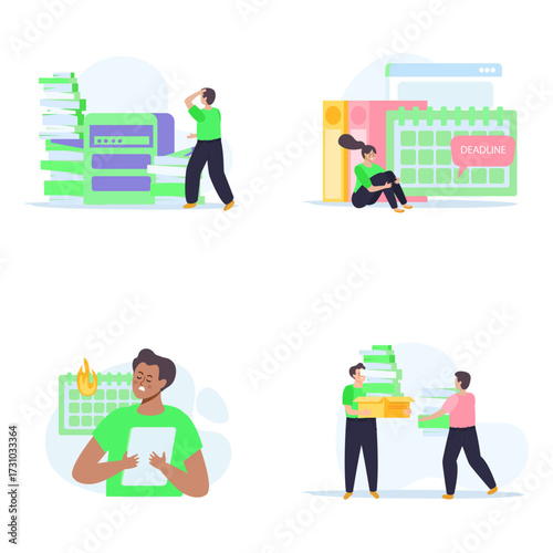 Business stress and deadline pressure illustration collection showing overwhelmed employees and busy work environment