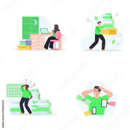 Overwhelmed businessman with piles of papers, chaotic workspace, and technology overload, feeling stressed