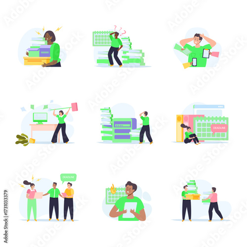 Stressful Workloads and Office Chaos Illustrations Depicting Overwhelmed Employees and Task Management Challenges