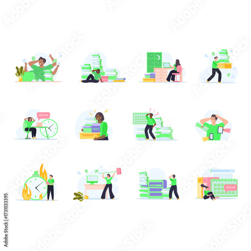 Overwhelmed and stressed professionals juggling multiple tasks and deadlines in a chaotic office environment