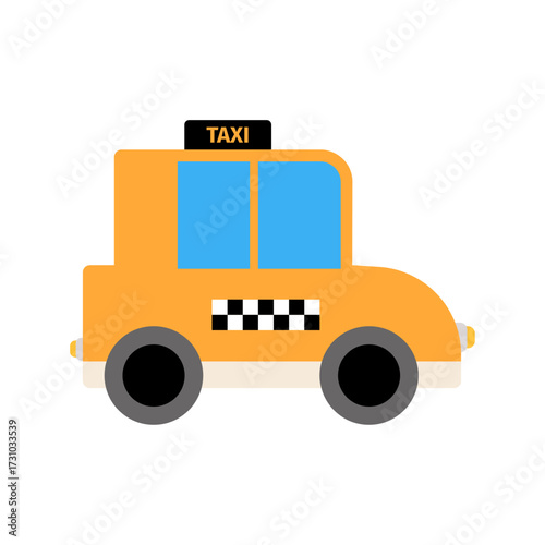 Cartoon yellow taxi cab illustration with checkered pattern and tinted windows on a white background