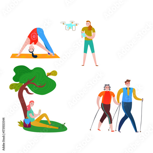 Healthy lifestyle people practicing yoga, flying drone, hiking and relaxing under a tree