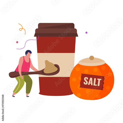 Small person adding seasoning to a large cup of coffee next to a salt shaker illustration