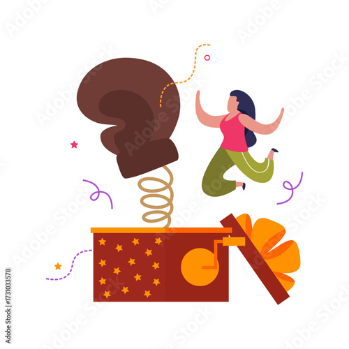 Surprise boxing glove emerging from a jack-in-the-box with a woman jumping joyfully in the background