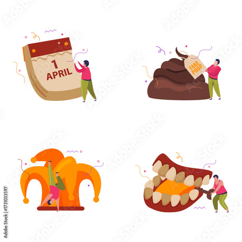April Fools' Day pranks and jokes calendar, fake poop, jester hat, and oversized teeth illustrations