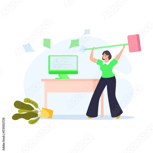 Frustrated woman with a sledgehammer smashing a computer on a desk, representing anger and stress at work