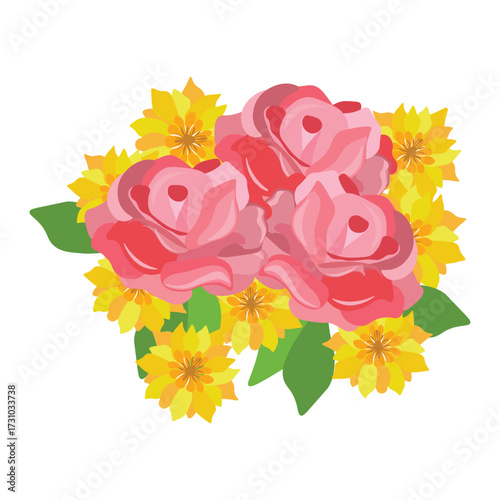 A beautiful bouquet of pink roses surrounded by yellow aster flowers and green leaves on a white background