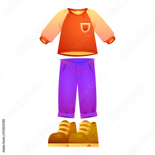 A casual outfit for a child, featuring a long-sleeved shirt, purple trousers, and sturdy brown boots, perfect for everyday wear
