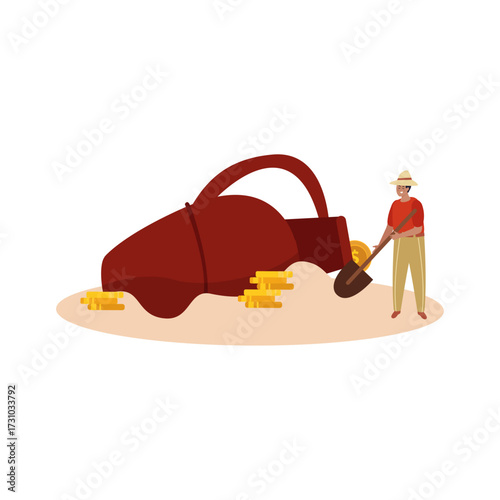 Man wearing a hat and holding a shovel unearths a large clay pot filled with gold coins
